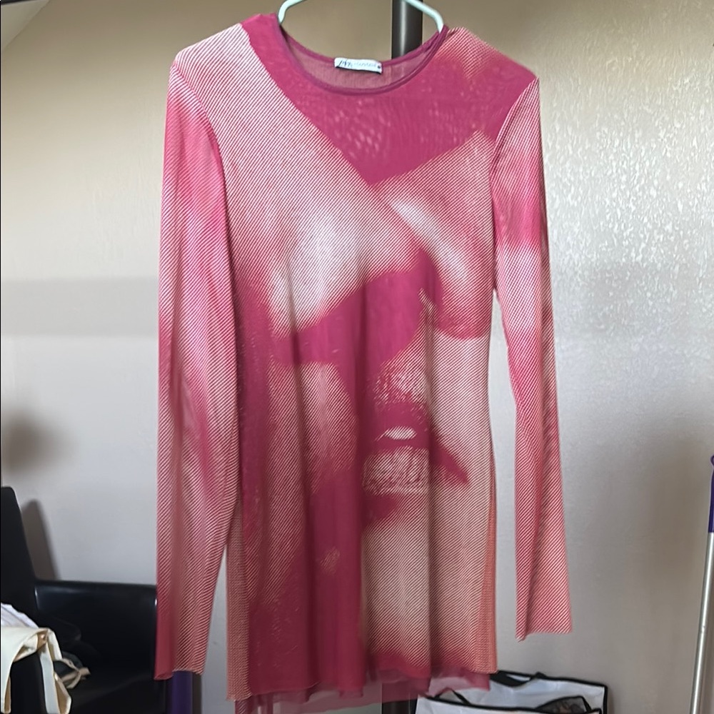 Zara Pink Graphic Long Sleeve Dress
